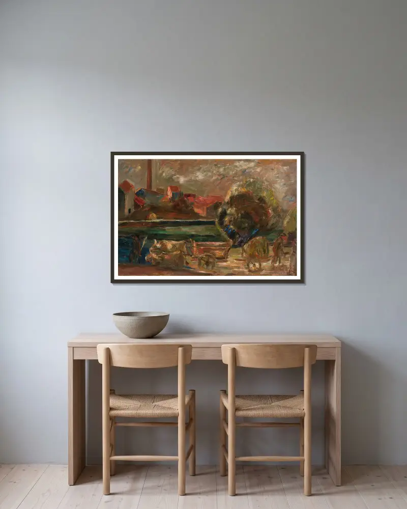 Landscape with a factory chimney av Tadeusz Makowski inramad på en vägg