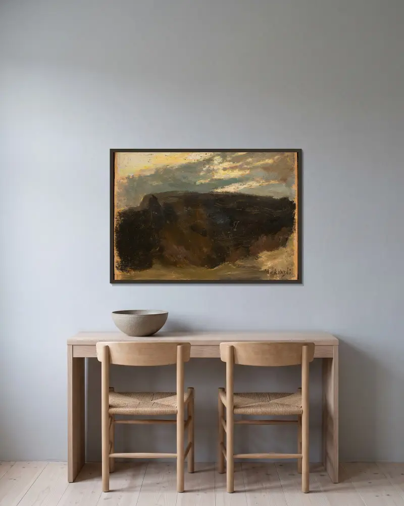 Landscape with the sun shining through av Tadeusz Makowski inramad på en vägg