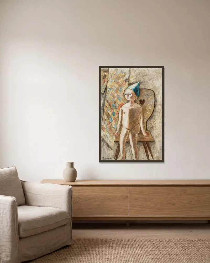 Nacktes kleines Mädchen mit blauer Mütze von Tadeusz Makowski gerahmt an einer Wand
