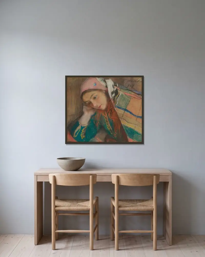 Porträt eines Mädchens in Krakauer Tracht von Teodor Axentowicz gerahmt an einer Wand
