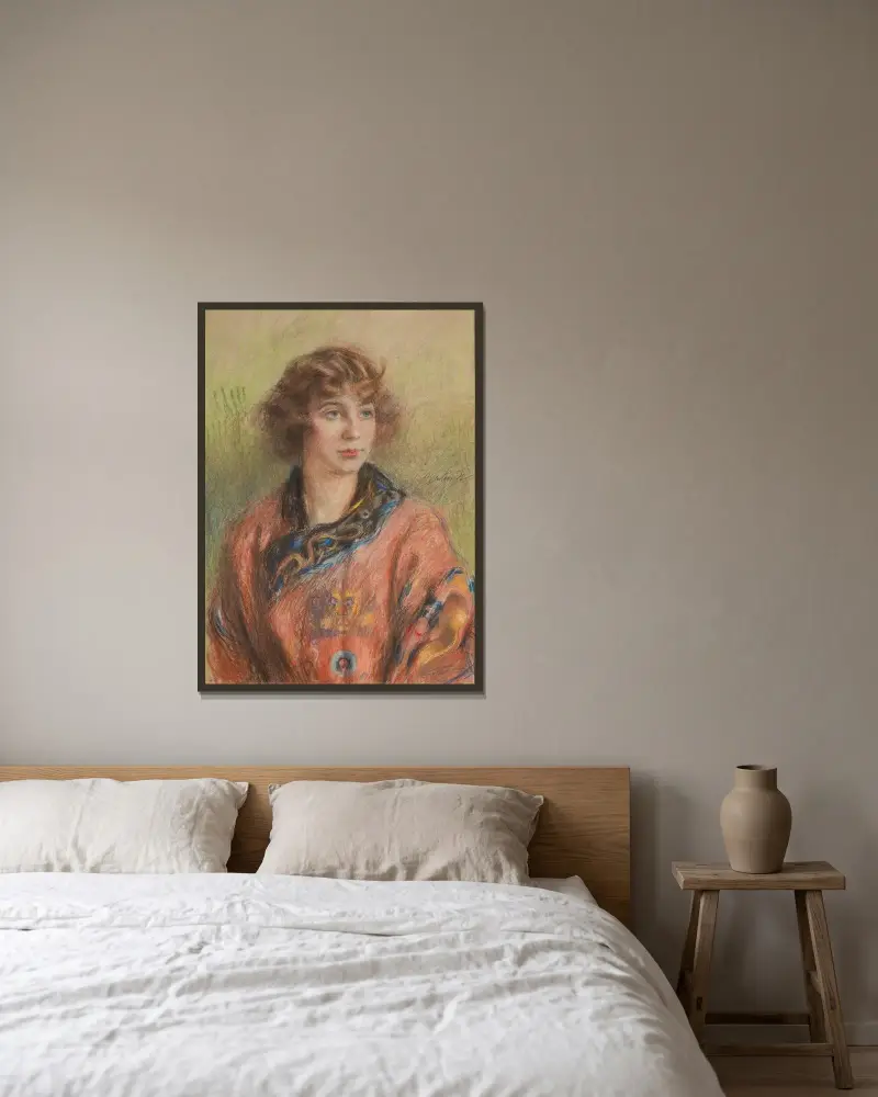 Porträt einer Frau in einem chinesischen Longpao-Hochzeitskleid von Teodor Axentowicz gerahmt an einer Wand
