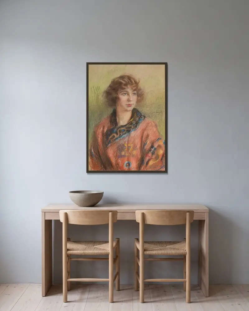 Porträt einer Frau in einem chinesischen Longpao-Hochzeitskleid von Teodor Axentowicz gerahmt an einer Wand