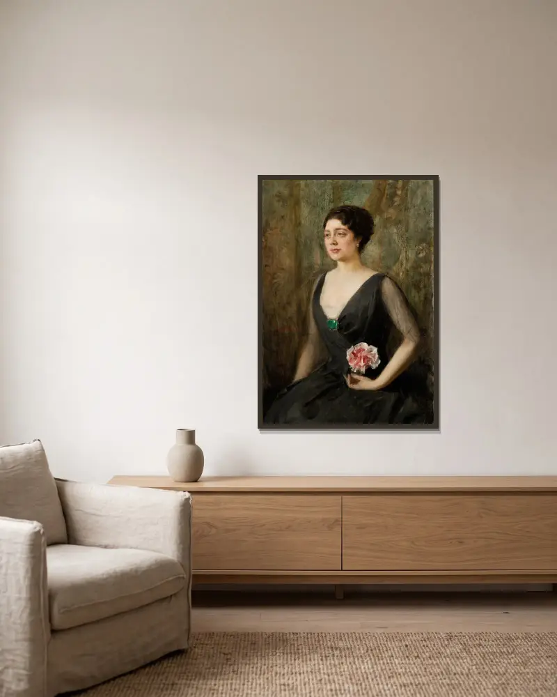 Portrait of Izabela Szembekowa av Teodor Axentowicz inramad på en vägg