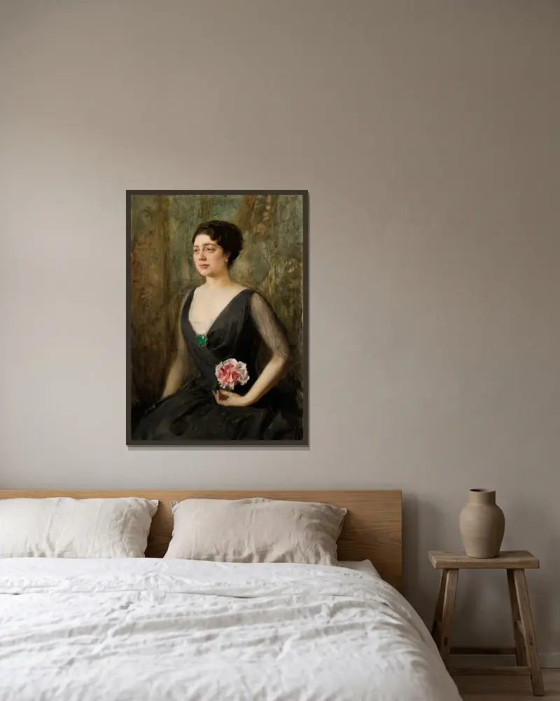 Portrait of Izabela Szembekowa av Teodor Axentowicz inramad på en vägg
