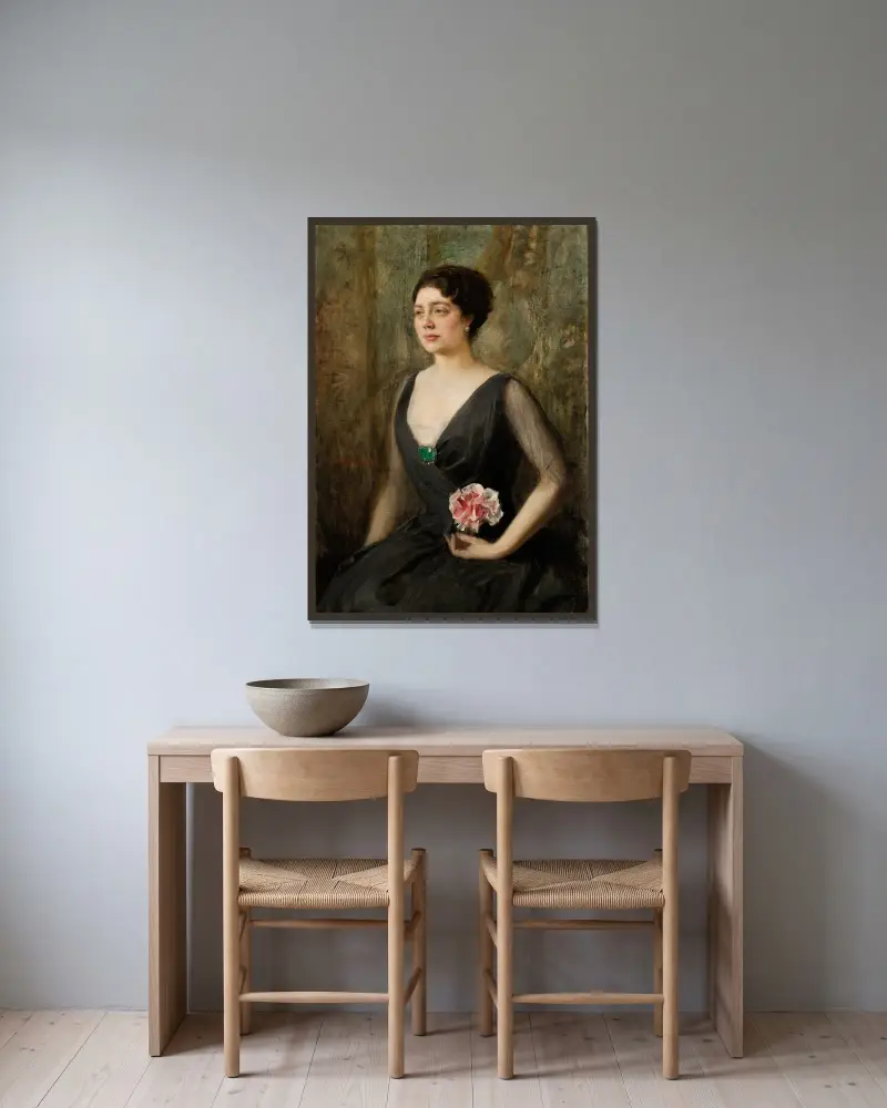 Portrait of Izabela Szembekowa av Teodor Axentowicz inramad på en vägg