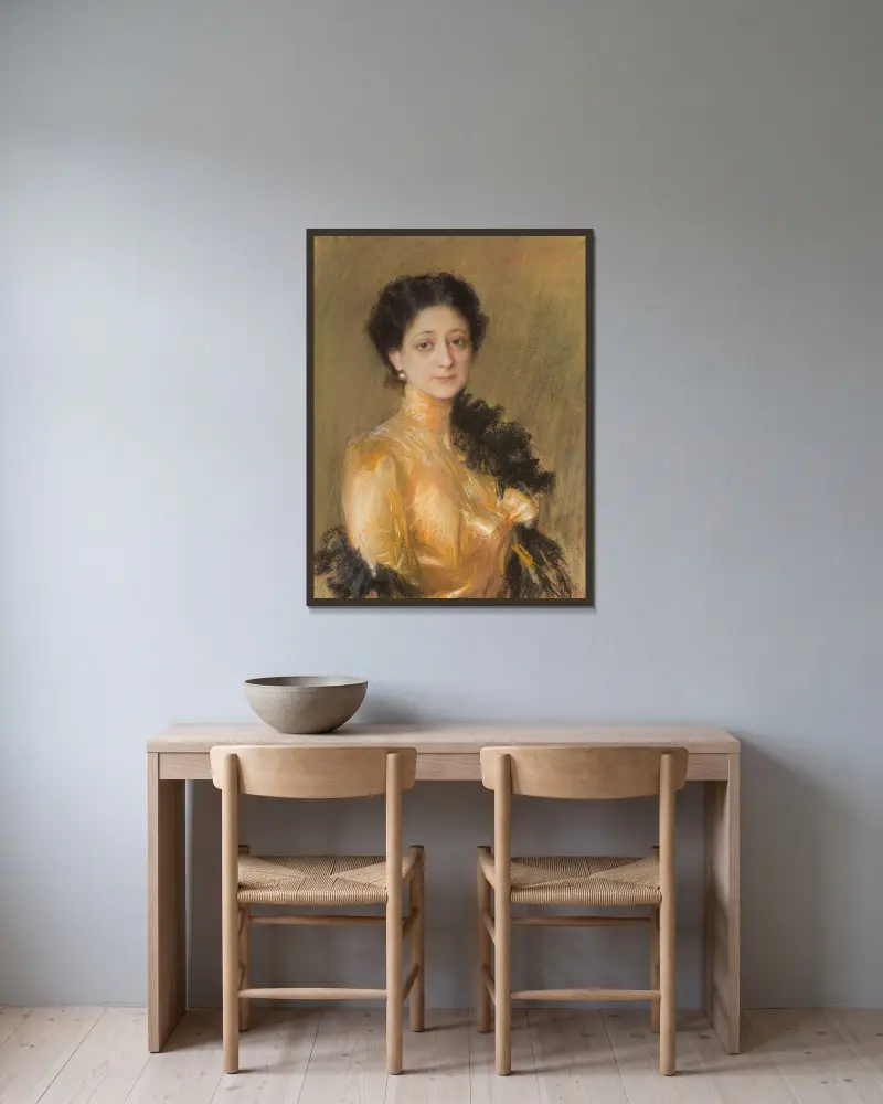 Portrait of Mrs. Żaneta Poznańska av Teodor Axentowicz inramad på en vägg
