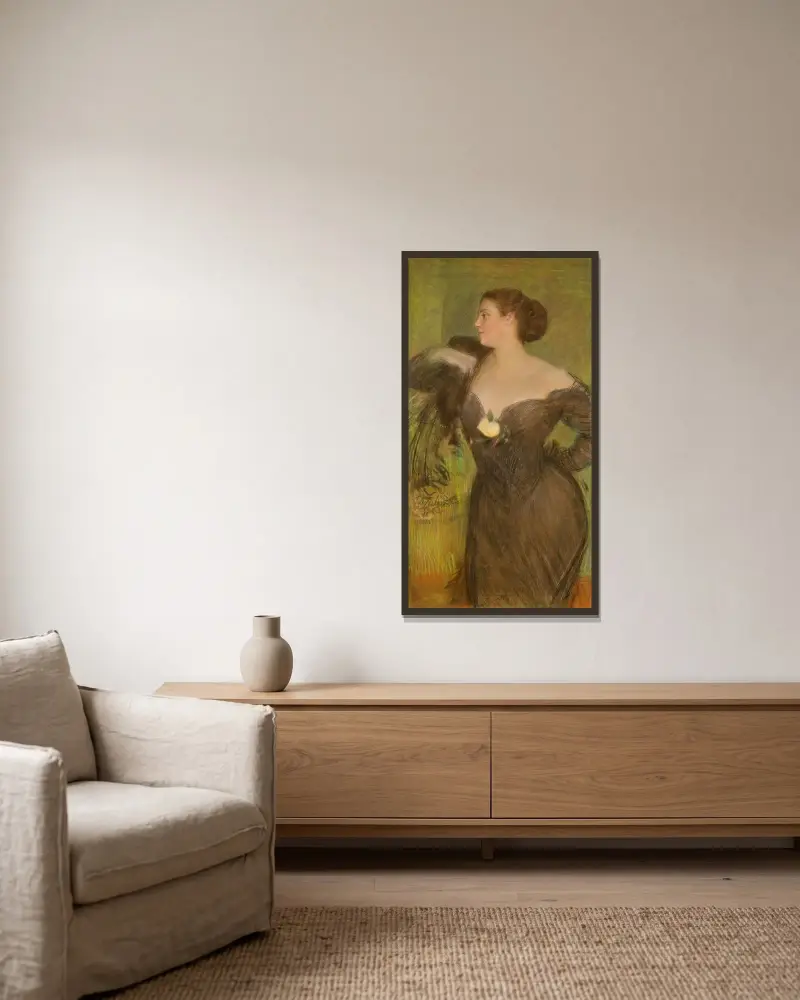 Porträt einer Frau im Ballkleid von Teodor Axentowicz gerahmt an einer Wand