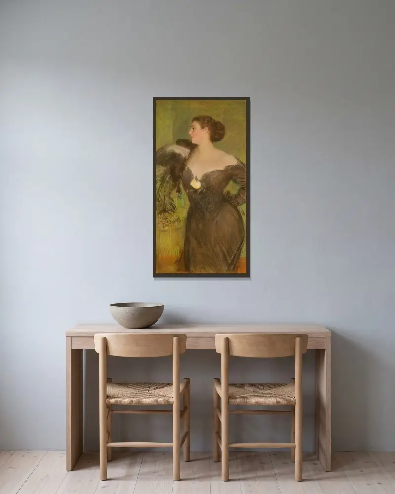 Porträt einer Frau im Ballkleid von Teodor Axentowicz gerahmt an einer Wand