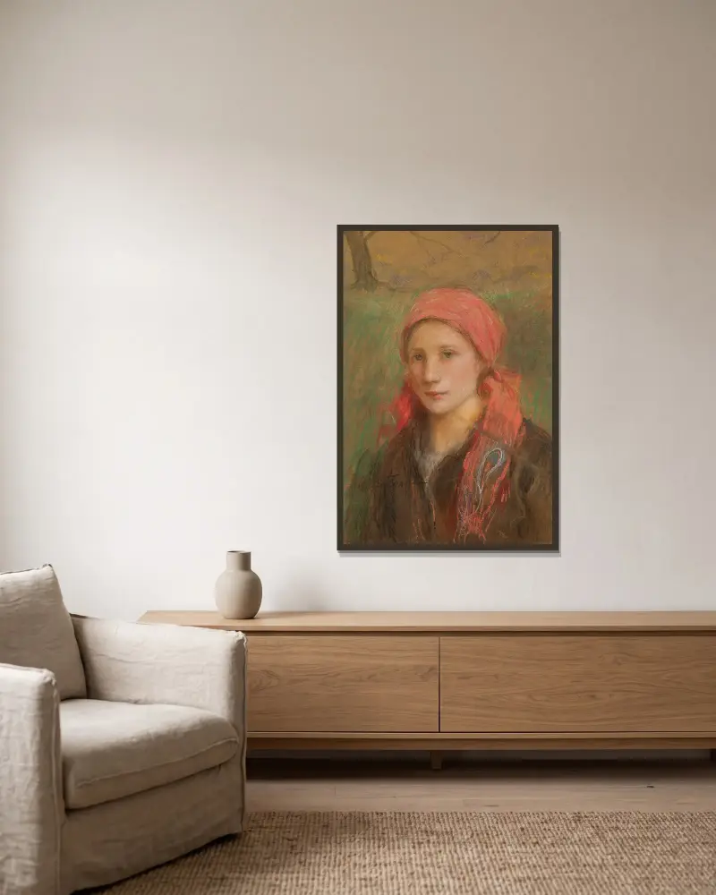 Portret wiejskiej dziewczyny av Teodor Axentowicz inramad på en vägg