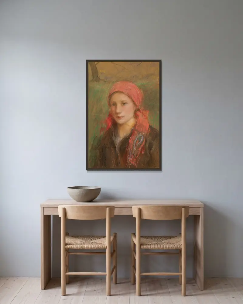 Portret wiejskiej dziewczyny av Teodor Axentowicz inramad på en vägg