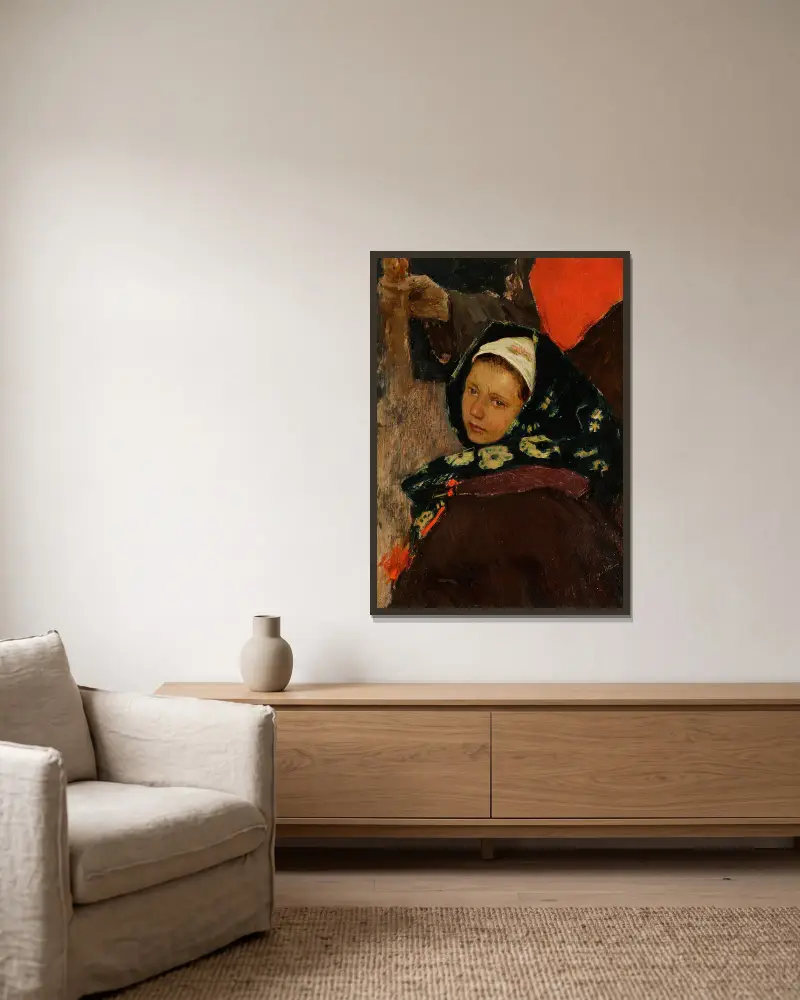 Ruthenian woman – head of a peasant woman av Teodor Axentowicz inramad på en vägg