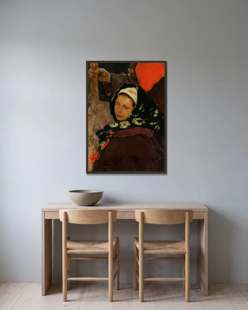 Ruthenian woman – head of a peasant woman av Teodor Axentowicz inramad på en vägg