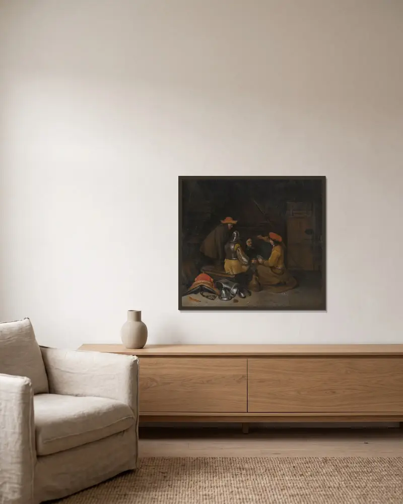 Vaktrum med fyra figurer som dricker och spelar kort av Gerard ter Borch inramad på en vägg