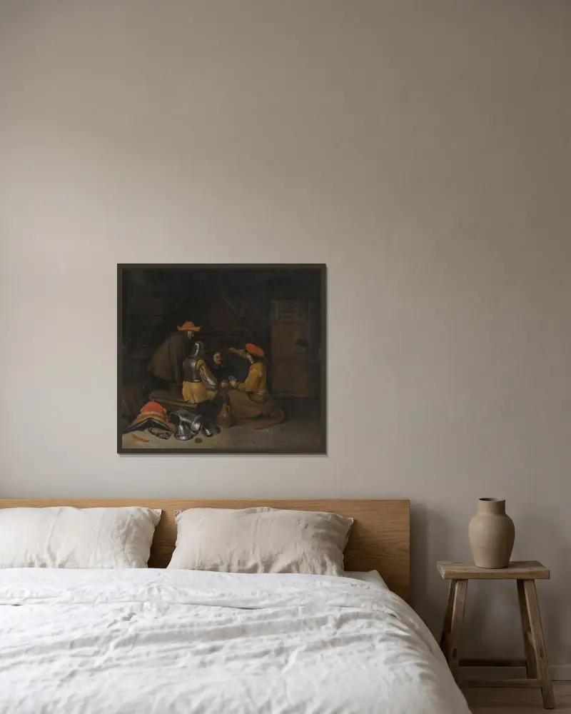 Vaktrum med fyra figurer som dricker och spelar kort av Gerard ter Borch inramad på en vägg