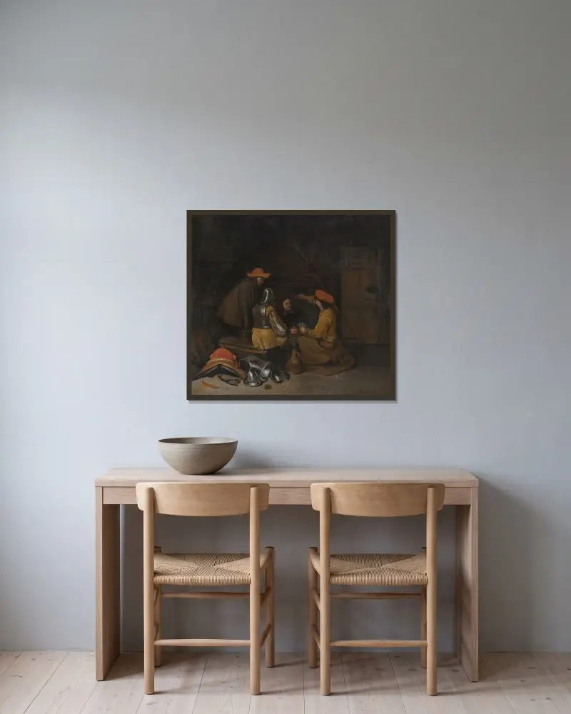 Vaktrum med fyra figurer som dricker och spelar kort av Gerard ter Borch inramad på en vägg