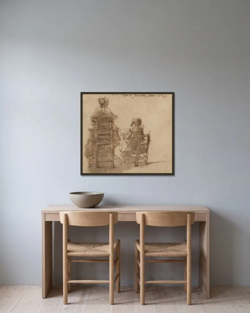 En dam och ett barn som knypplar spets av Gerard ter Borch inramad på en vägg