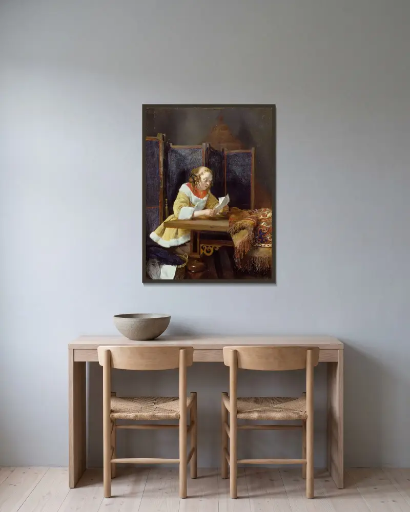 En dam läsande ett brev av Gerard ter Borch inramad på en vägg