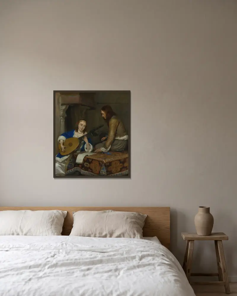 En kvinna som spelar teorb-luta och en kavaljer av Gerard ter Borch inramad på en vägg