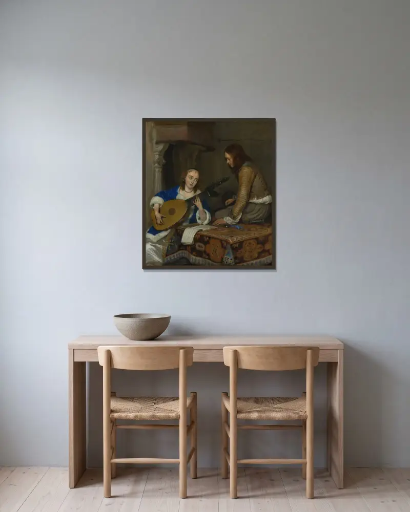 En kvinna som spelar teorb-luta och en kavaljer av Gerard ter Borch inramad på en vägg