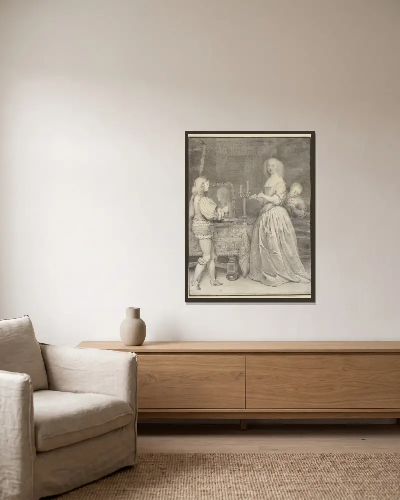 Dame am Toilettentisch mit Page und Zofe av Gerard ter Borch inramad på en vägg