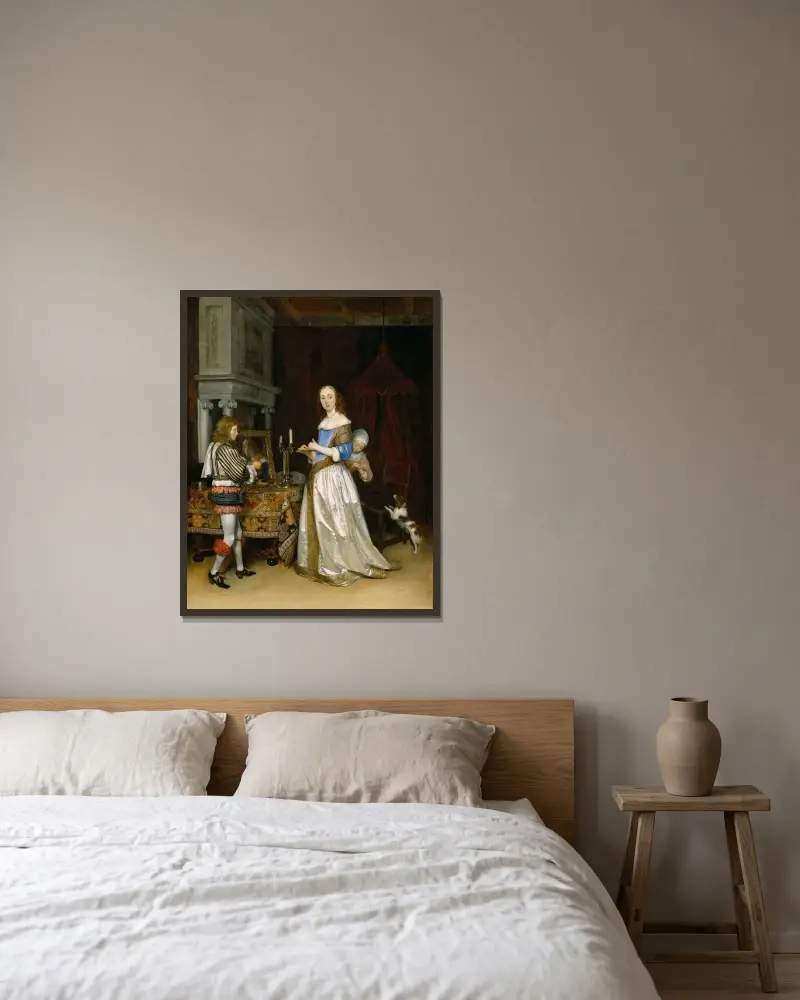 Kvinna vid sin toalett av Gerard ter Borch inramad på en vägg