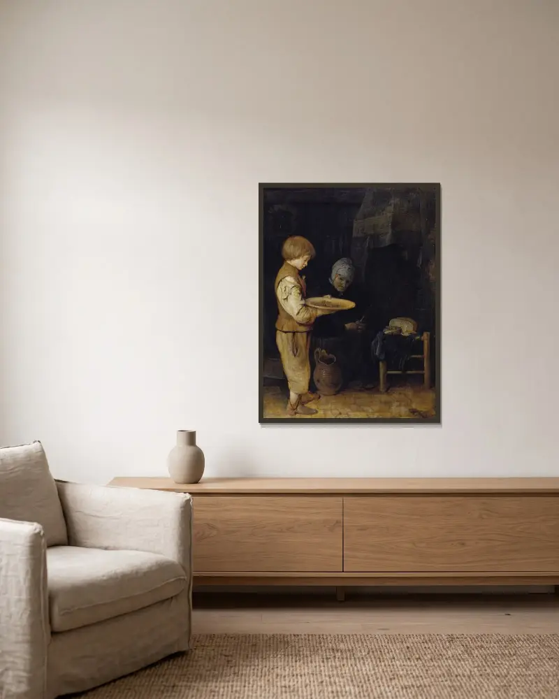 Gammal kvinna och pojke intar en enkel måltid av Gerard ter Borch inramad på en vägg