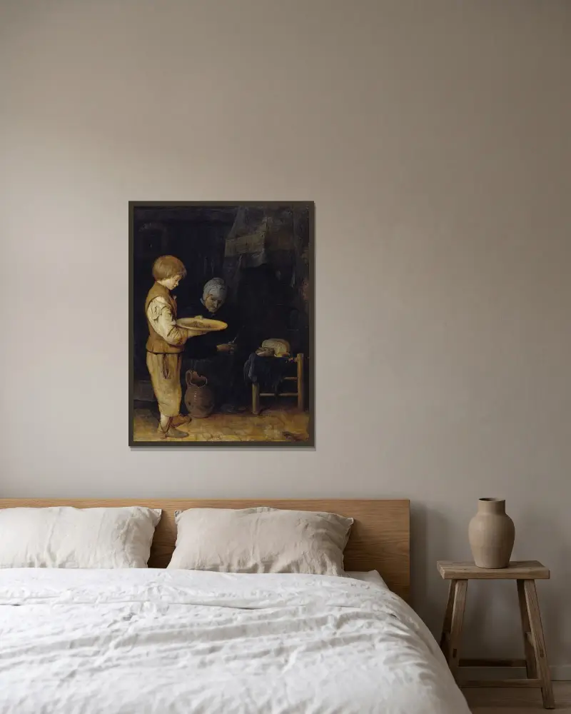 Gammal kvinna och pojke intar en enkel måltid av Gerard ter Borch inramad på en vägg