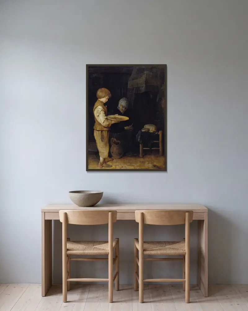 Gammal kvinna och pojke intar en enkel måltid av Gerard ter Borch inramad på en vägg