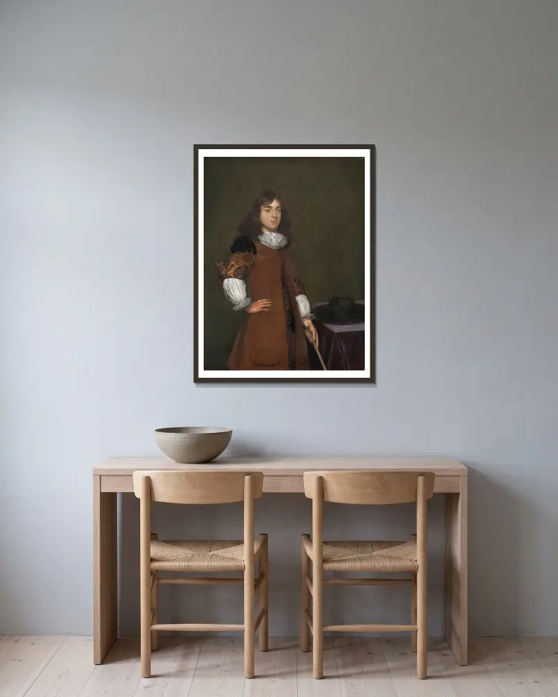 Portrait of a Man, 1670 av Gerard ter Borch inramad på en vägg