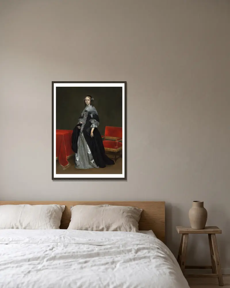 Portrait of a Woman, 1665 av Gerard ter Borch inramad på en vägg