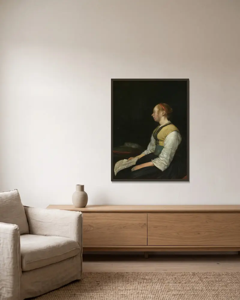 Seated Girl in Peasant Costume av Gerard ter Borch inramad på en vägg