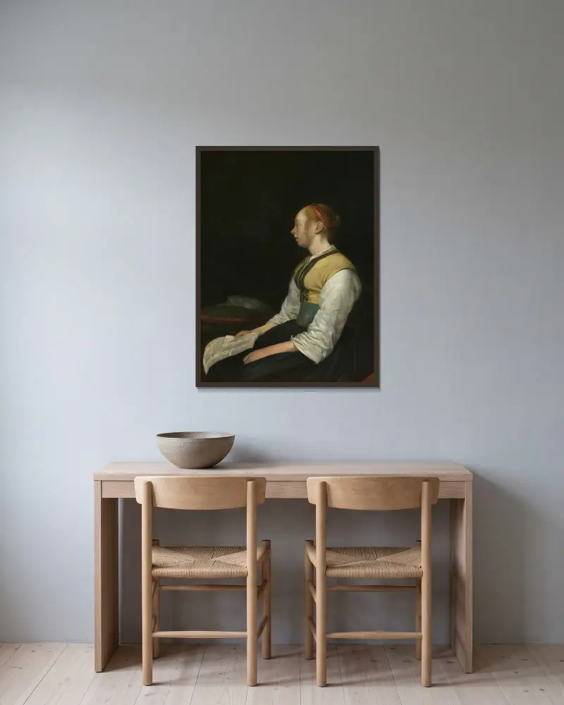 Seated Girl in Peasant Costume av Gerard ter Borch inramad på en vägg