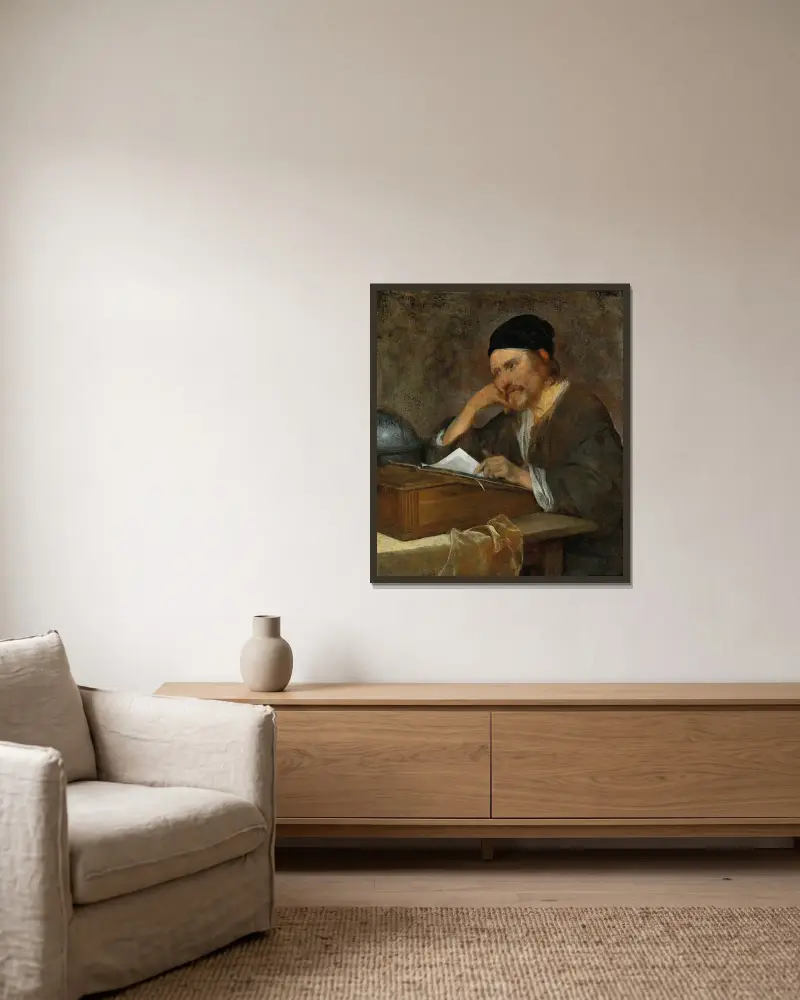 The Philosopher Heraclitus av Gerard ter Borch inramad på en vägg