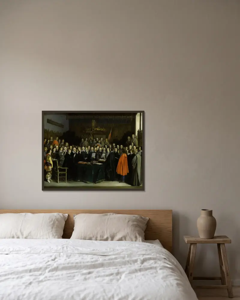 Ratificeringen av freden i Münster av Gerard ter Borch inramad på en vägg