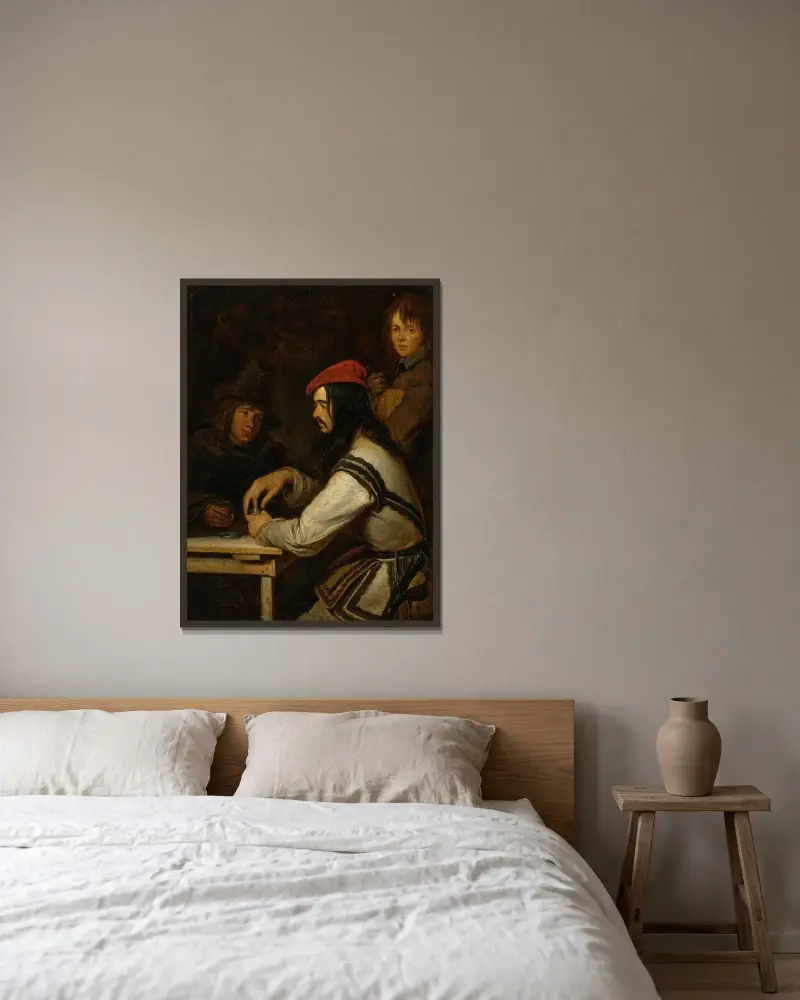 Tre män i en krog, en tar snus av Gerard ter Borch inramad på en vägg