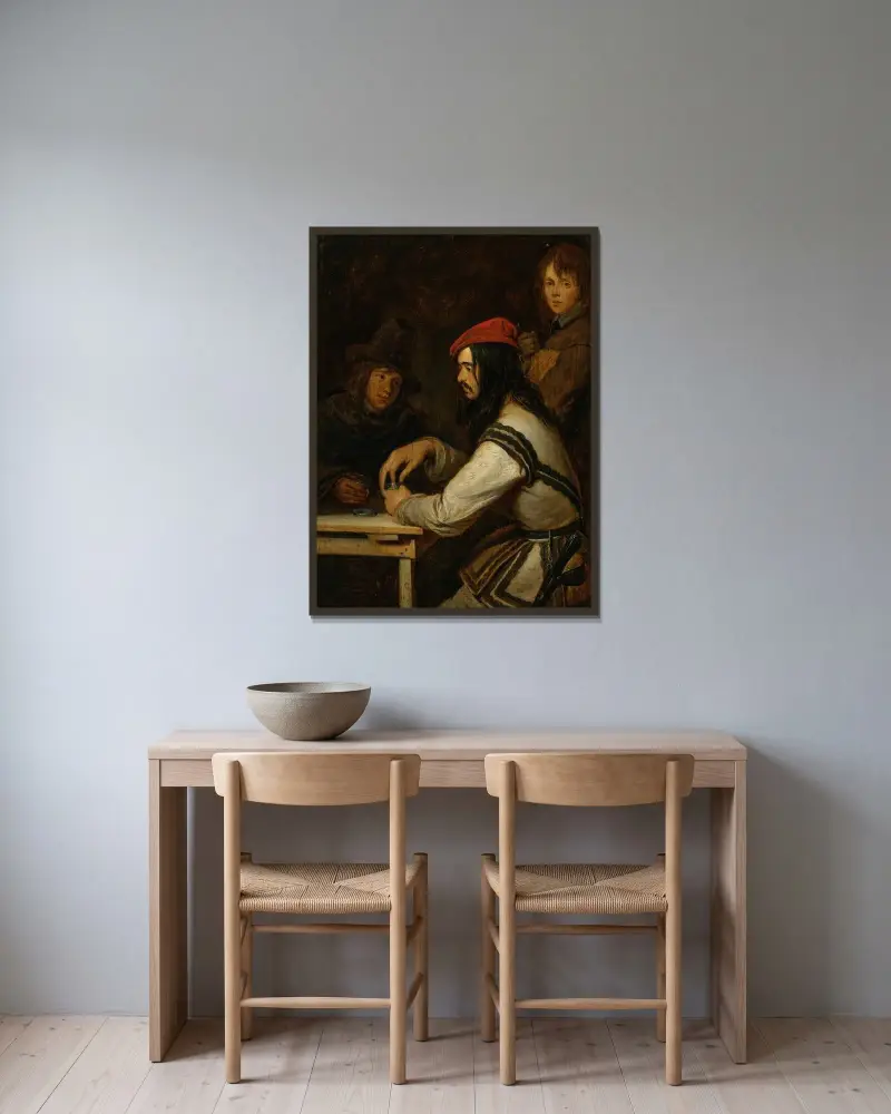 Tre män i en krog, en tar snus av Gerard ter Borch inramad på en vägg