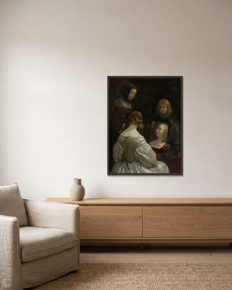 Woman at a Mirror av Gerard ter Borch inramad på en vägg