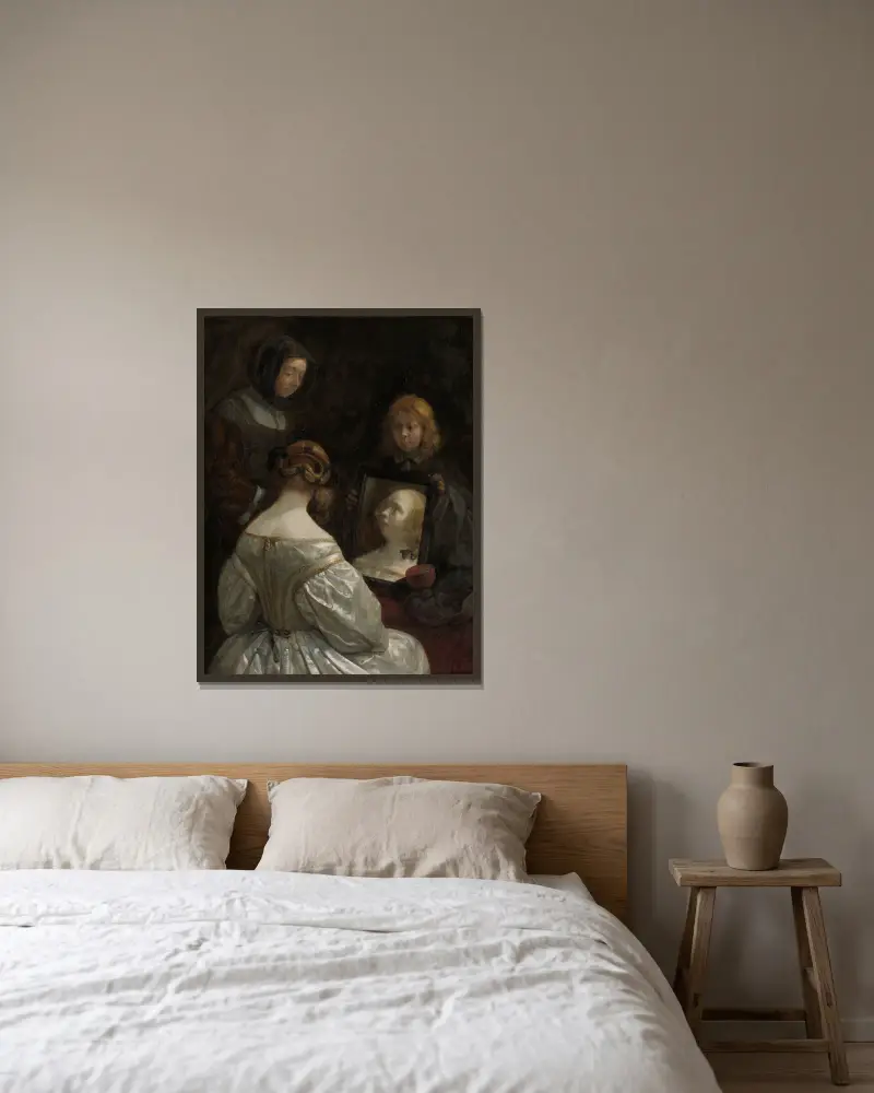 Woman at a Mirror av Gerard ter Borch inramad på en vägg