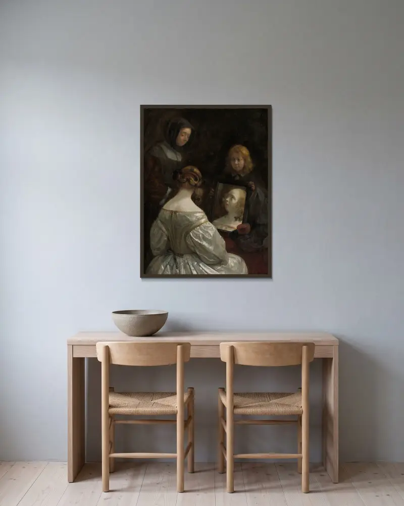 Woman at a Mirror av Gerard ter Borch inramad på en vägg
