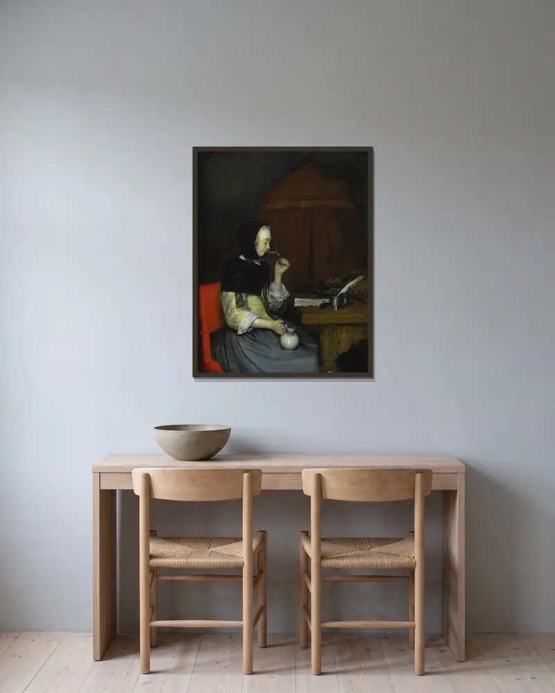 Kvinna med vinglas av Gerard ter Borch inramad på en vägg