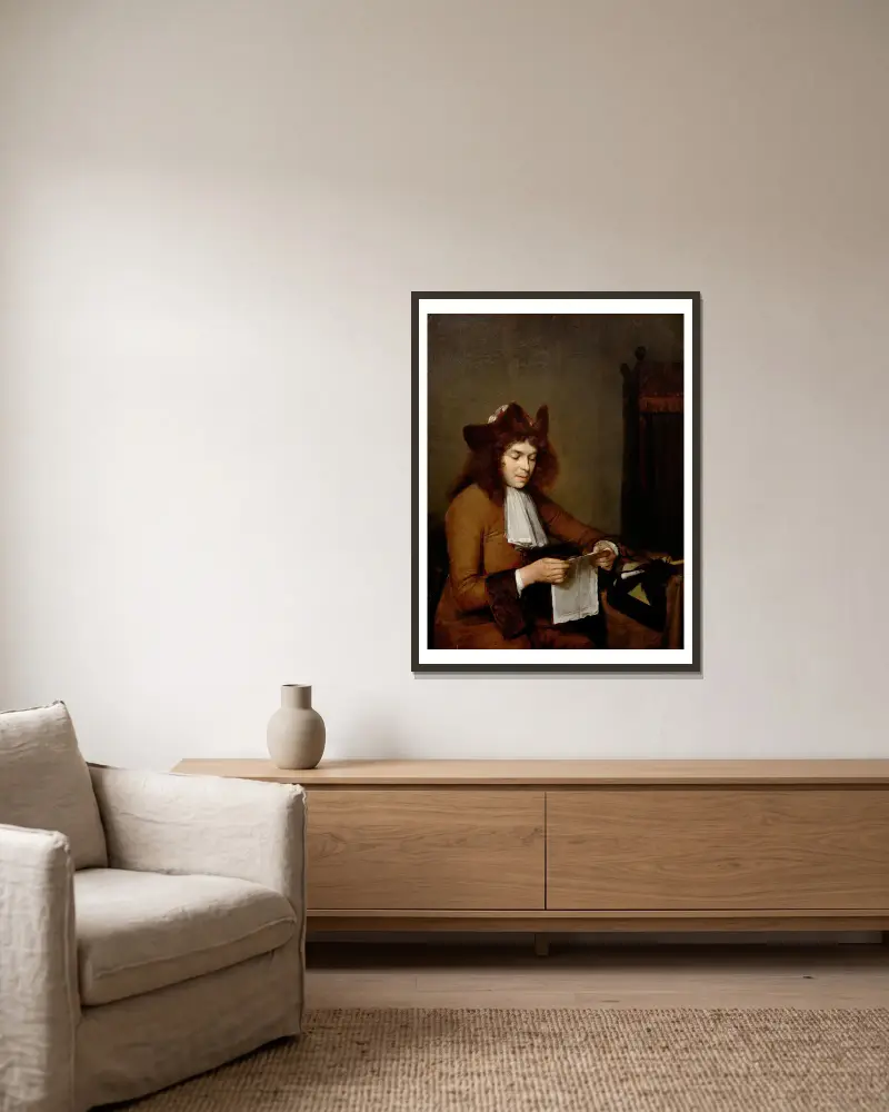 Junger Mann lesend von Gerard ter Borch gerahmt an einer Wand