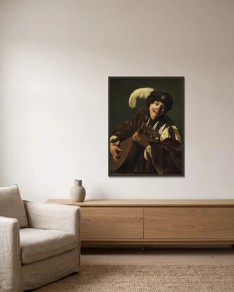 Chłopiec grający na lutni, Hendrick Ter Brugghen w ramie na ścianie