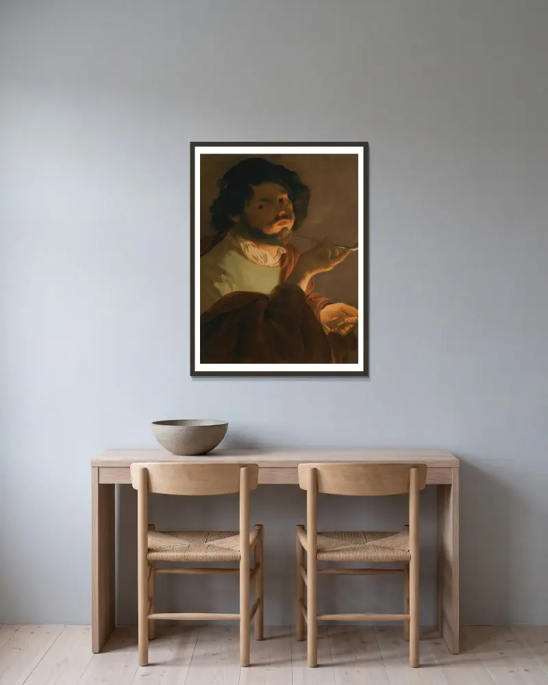 Ein Bravo rauchend von Hendrick Ter Brugghen gerahmt an einer Wand