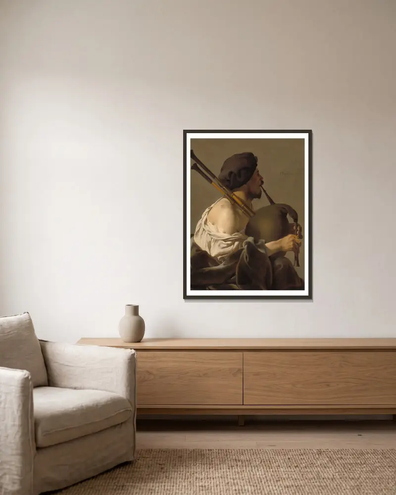 Dudelsackpfeifer von Hendrick Ter Brugghen gerahmt an einer Wand