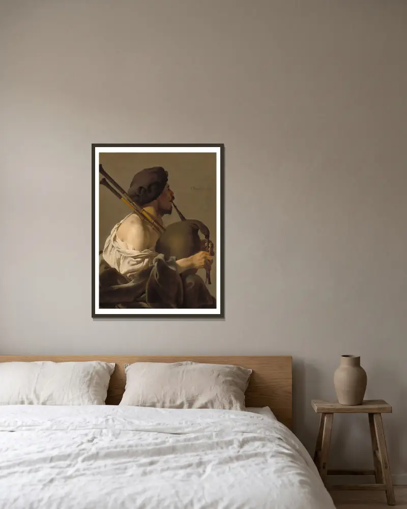 Dudelsackpfeifer von Hendrick Ter Brugghen gerahmt an einer Wand
