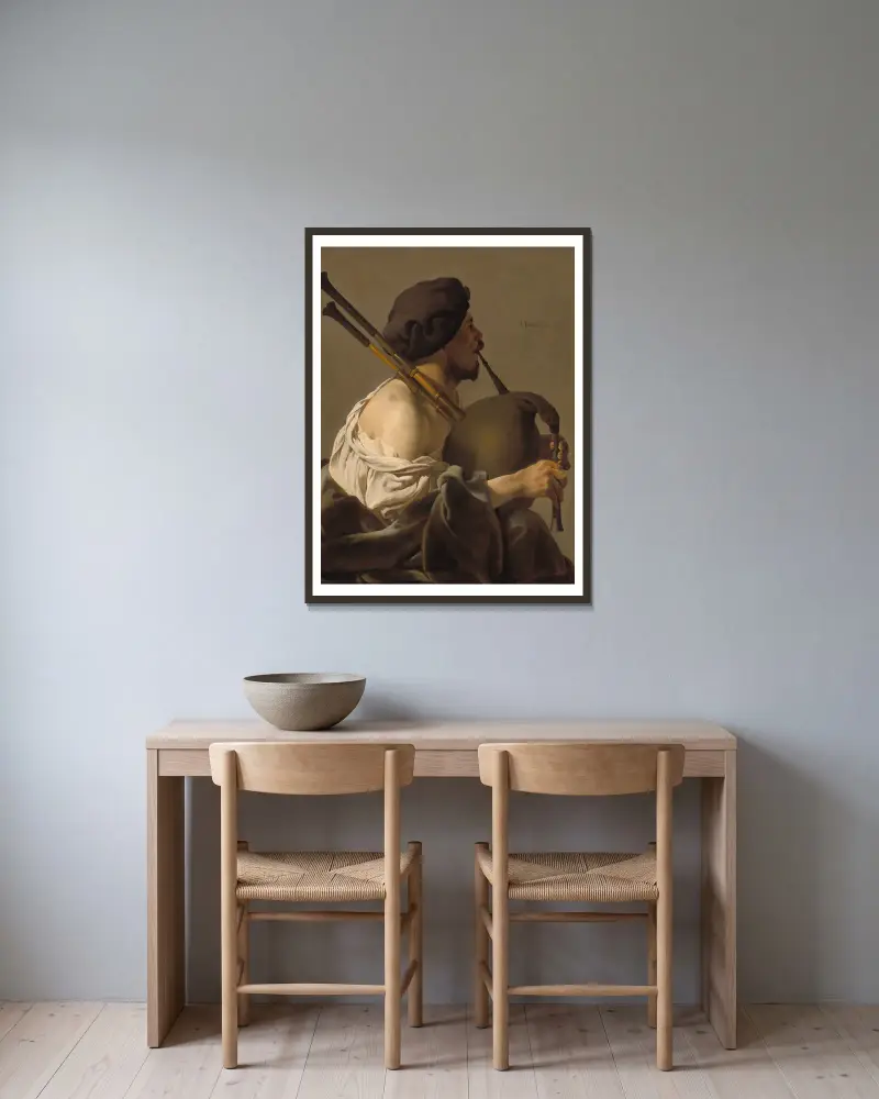 Dudelsackpfeifer von Hendrick Ter Brugghen gerahmt an einer Wand