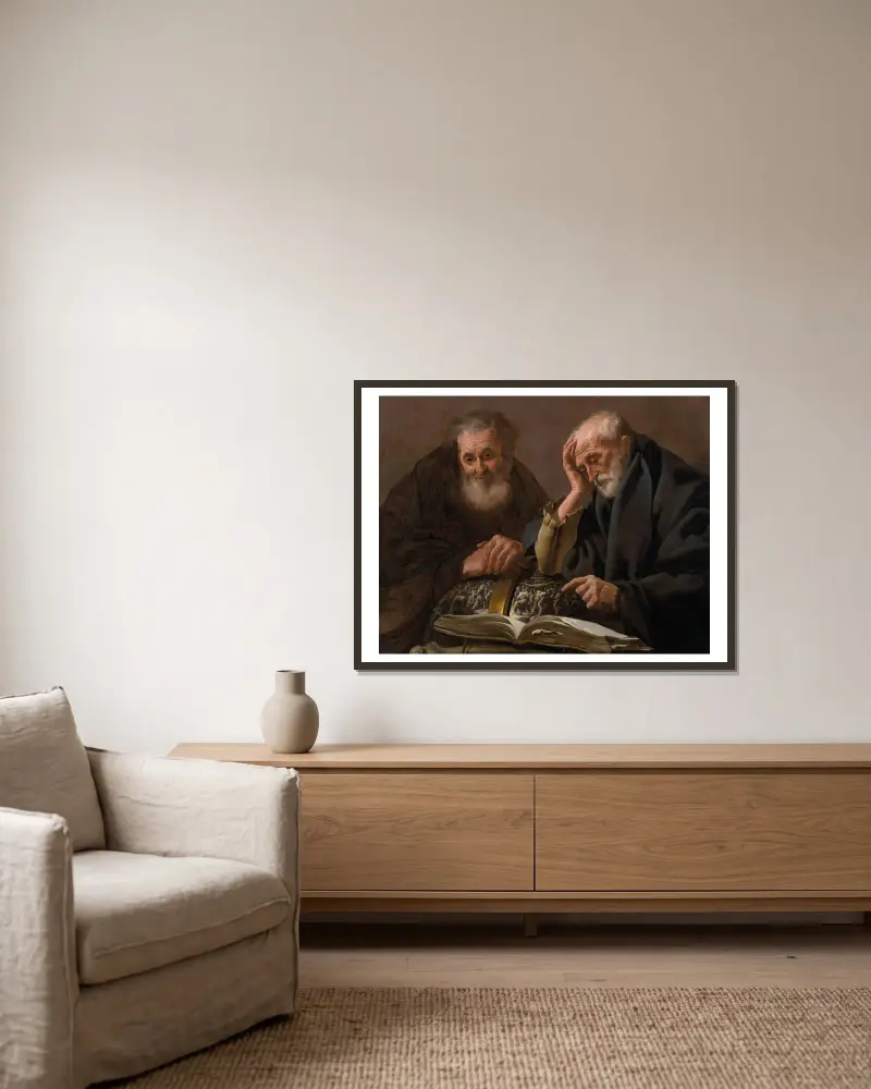 Demokritos och Herakleitos av Hendrick Ter Brugghen inramad på en vägg