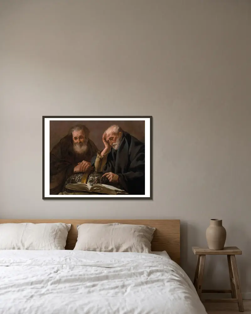 Demokritos och Herakleitos av Hendrick Ter Brugghen inramad på en vägg