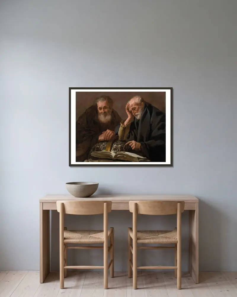 Demokritos och Herakleitos av Hendrick Ter Brugghen inramad på en vägg