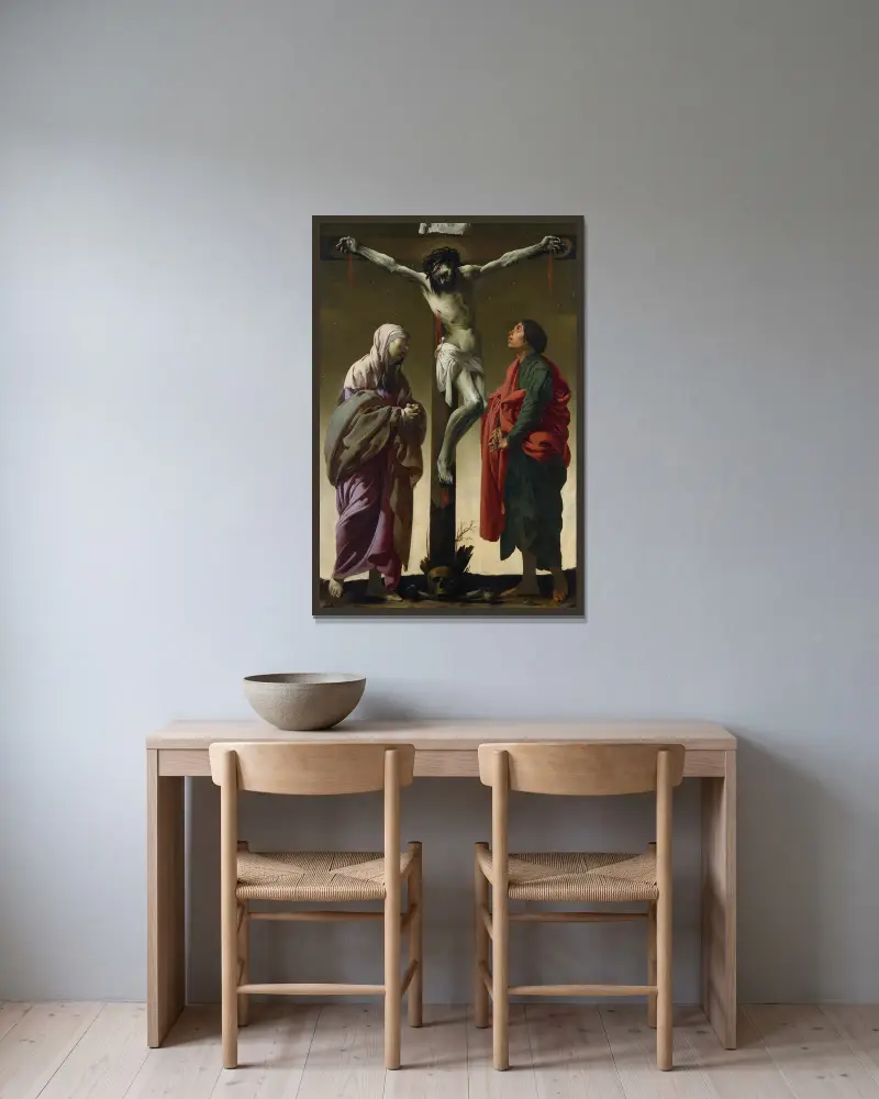 The Crucifixion with the Virgin and Saint John av Hendrick Ter Brugghen inramad på en vägg